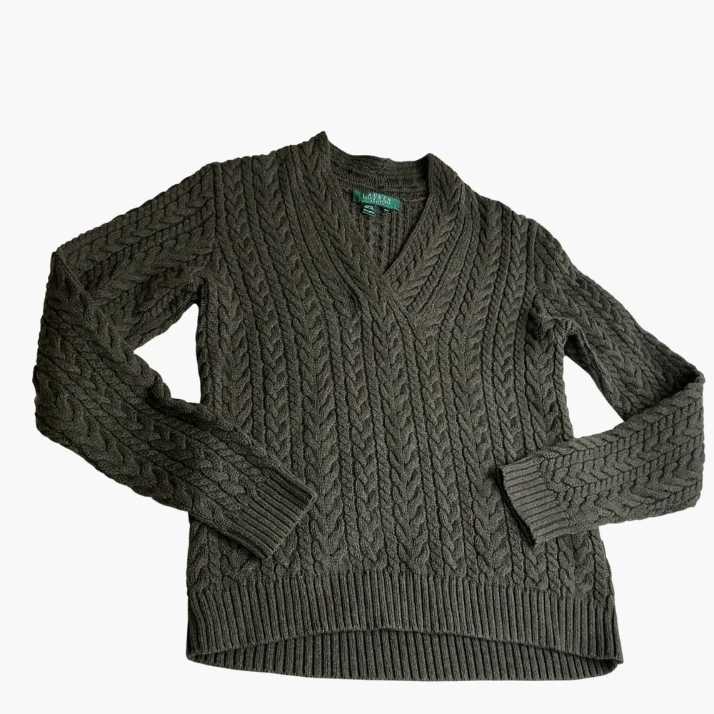 Lauren‎ Ralph Lauren Petite Olive Green Cable Knit Surplice V-Neck Sweater P/S